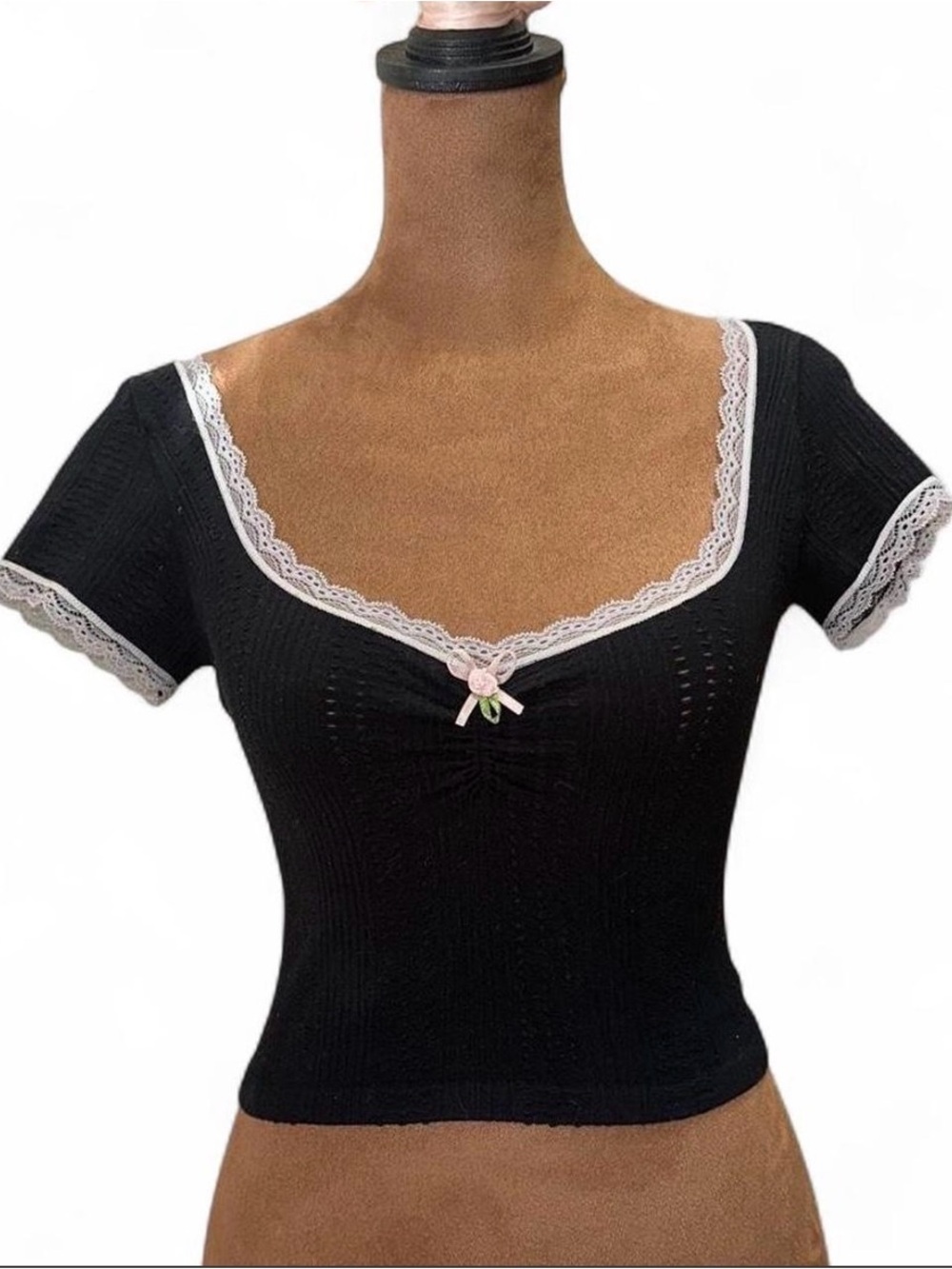 Black Lace Trim Ribbed Short Sleeve Top with Pink Bow Pointelle Out From Under